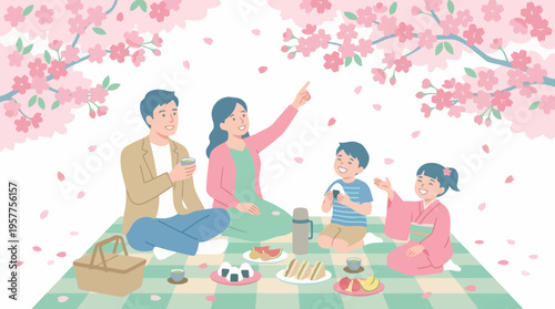 Family enjoying a spring picnic under cherry blossoms. Vector Illustrations. EPS Editable