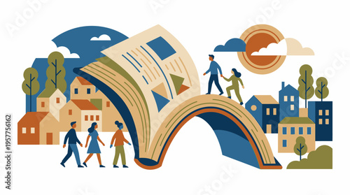 Giant Open Book Archway with People Walking Over It. Vector Illustrations. EPS Editable