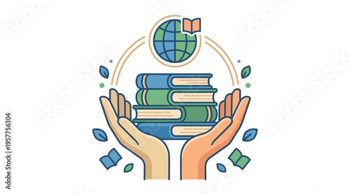 Hands holding stack of books with globe above. Vector Illustrations. EPS Editable