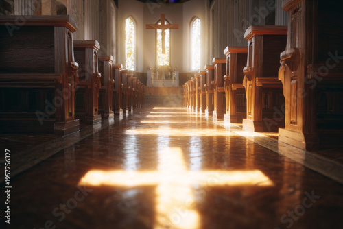 Empty church aisle with sunlight forming cross-shaped light on polished floor, serene christian confirmation-themed background, wide horizontal composition.