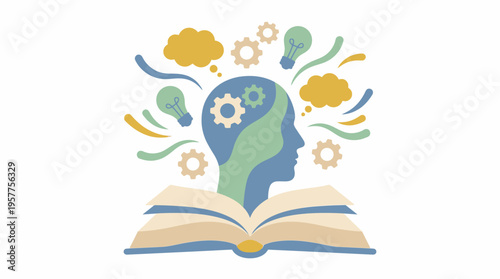 Human head with gears and lightbulbs above an open book symbolizing knowledge and learning. Vector Illustrations. EPS Editable