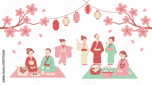 Japanese people in traditional kimonos enjoying a cherry blossom festival picnic under blooming trees and lanterns. Vector Illustrations. EPS Editable