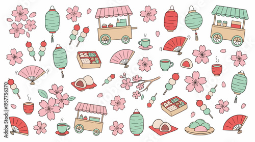 Japanese Spring Festival Elements Collection with Cherry Blossoms and Traditional Snacks. Vector Illustrations. EPS Editable