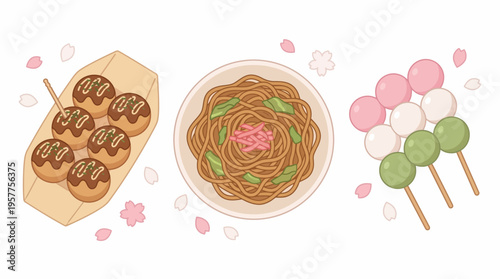 Japanese street food on skewers. Vector Illustrations. EPS Editable