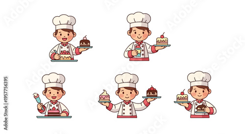 Pastry Chef Character Set Dessert Maker Cartoon Vector Illustrations Isolated on White Background
