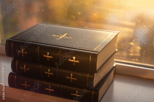 Stack of religious books with gold embossed crosses on cover, warm sunlight from side window, soft shadows and serene spiritual cresima concept, clean composition with negative space. with copy space