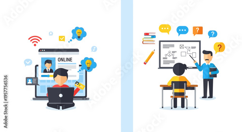 Online learning and remote education concepts with students and teachers interacting digitally and in classrooms