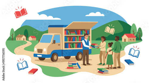 Mobile Library Truck Serves Community with Books. Vector Illustrations. EPS Editable