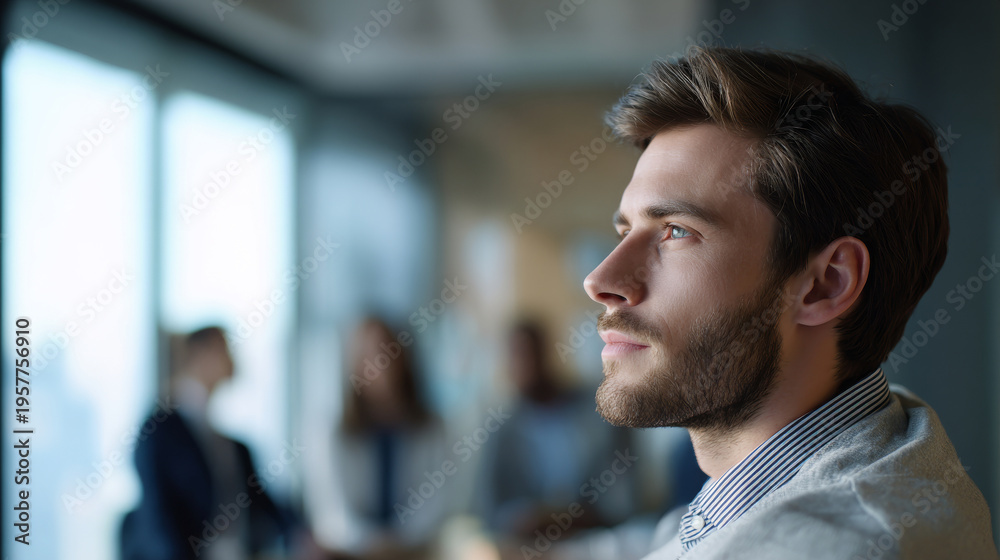 Obraz premium Medium shot of a candidate in business casual outfit listening attentively, relaxed posture, bright office setting, shallow focus.