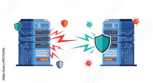 Servers with shield and malware protection. Vector Illustrations. EPS Editable