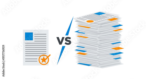Single Document Versus Stack of Papers Comparison. Vector Illustrations. EPS Editable