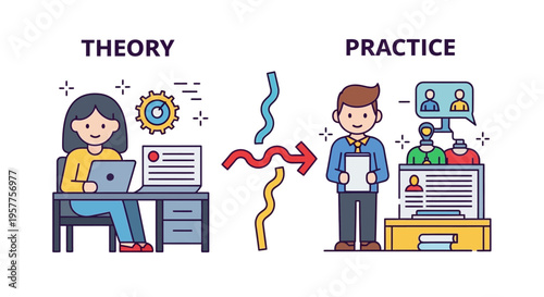 Illustrating the seamless transition and vital connection from theoretical learning to practical application in professional life