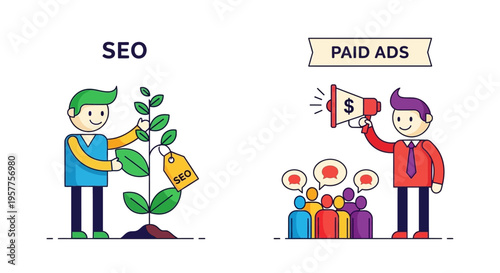 Illustrating the fundamental differences between nurturing long-term organic search engine optimization and instant paid promotional efforts for business growth