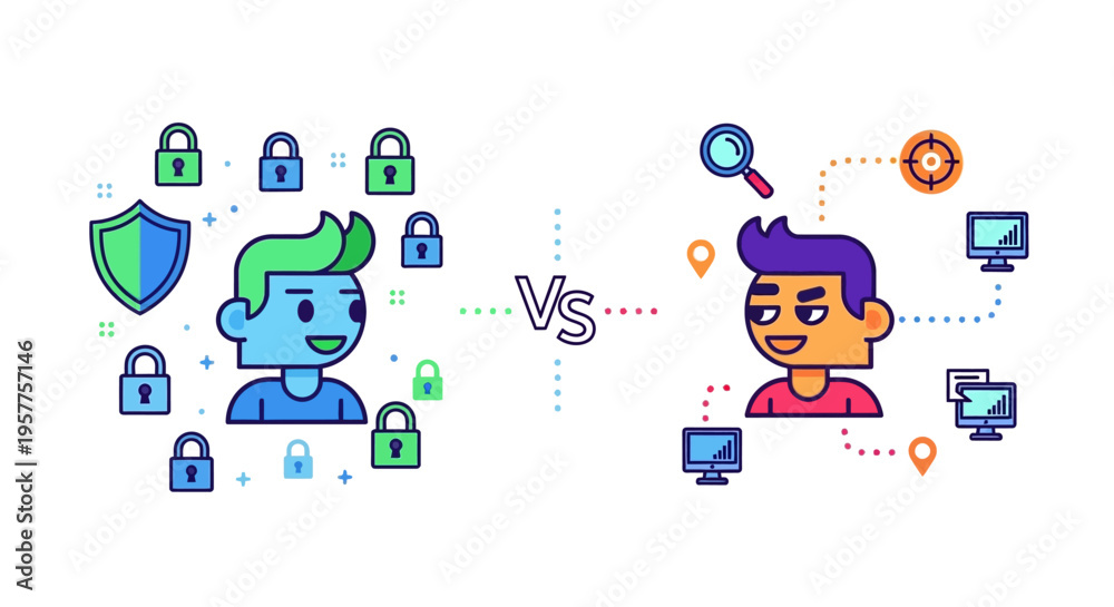 Obraz premium Illustrative comparison of online security and data privacy for protected users versus tracking and vulnerability for digital information