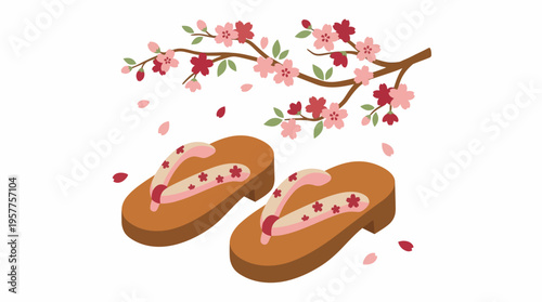 Traditional Japanese wooden sandals with cherry blossoms and falling petals. Vector Illustrations. EPS Editable
