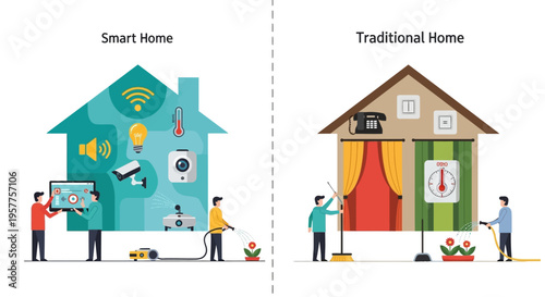 Conceptual illustration depicting the significant contrast between modern smart home automation and conventional manual living