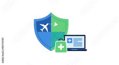 Travel and Health Insurance Protection Shield with Laptop and Medical Bag. Vector Illustrations. EPS Editable