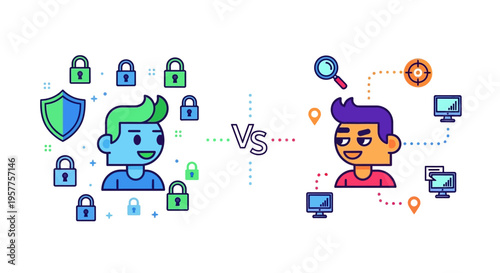 Illustrative comparison of online security and data privacy for protected users versus tracking and vulnerability for digital information