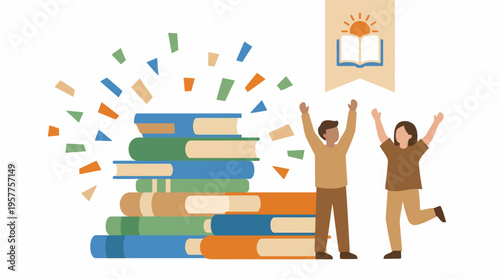 Two people celebrating beside a stack of books. Vector Illustrations. EPS Editable