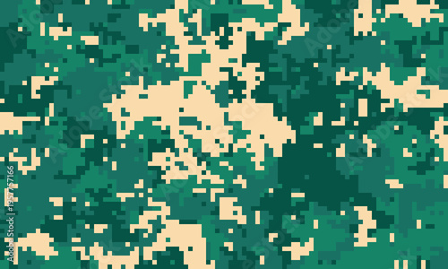 Abstract digital camouflage pattern in teal and beige.  Perfect for backgrounds, textures, or militarythemed designs.  Versatile and stylish pixelated design offers a modern, geometric aesthetic.