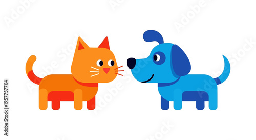 Cute cartoon cat and dog friendship illustration, representing companionship and playful interaction
