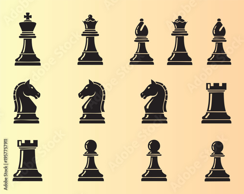 Complete set of black chess pieces isolated on transparent background