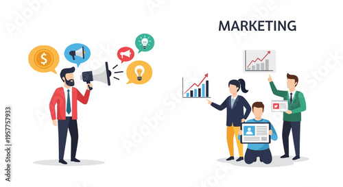 Innovative Business Marketing Concepts Featuring Promotion, Data Analysis, and Collaborative Team Strategies for Growth