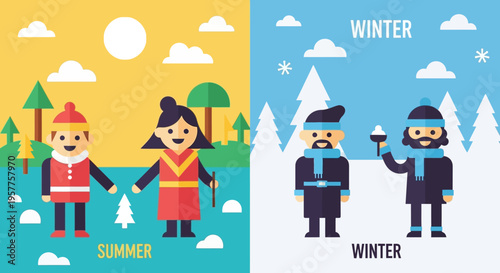 Vibrant flat design illustration showcasing the distinct characteristics of summer and winter with stylized people enjoying the changing seasons and outdoor activities