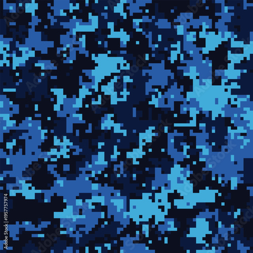 Abstract digital camouflage pattern in shades of blue and black.  Perfect for backgrounds, textiles, or militarythemed designs.  The pixelated texture creates a modern, stylish, and versatile image.