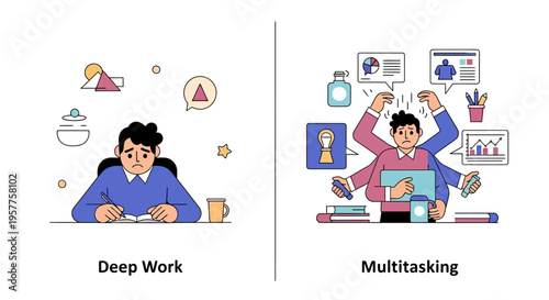 Conceptual comparison of deep work concentration against the dynamic challenges and demands of modern professional multitasking