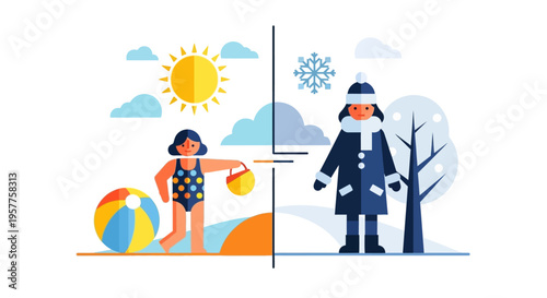 Seasons changing from summer to winter with a child enjoying the sun and then the snow