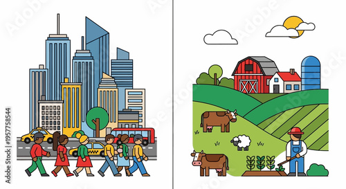 Illustrative Side-by-Side Comparison of Bustling Urban Cityscape with Serene Rural Farm Landscape, Showcasing Diverse Environments