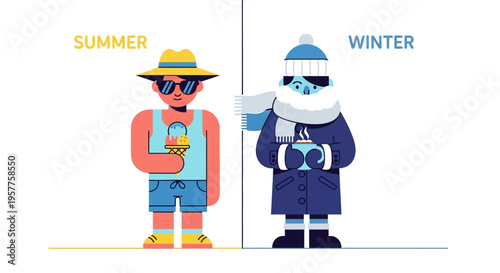 Vibrant illustration contrasting the distinct lifestyles and attire of two characters personifying the warmth of summer and the chill of winter seasons