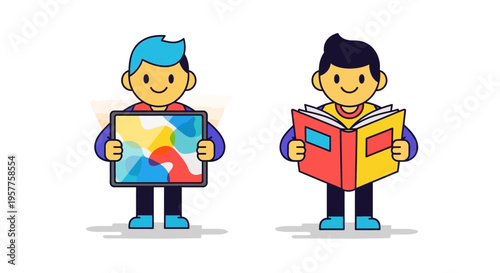 Illustration of two cartoon characters one holding a tablet with abstract art and another reading a book