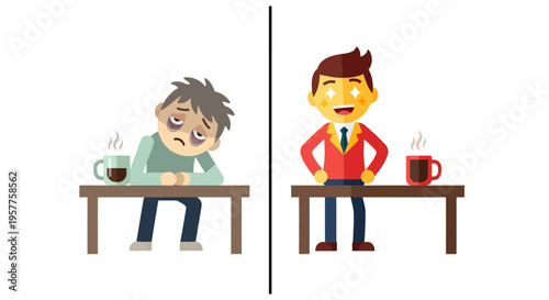 The stark contrast between a tired, unmotivated individual and a bright, energetic person ready to conquer the day