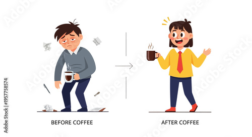Daily Energy Transformation An Illustrated Comparison Showing a Person's Shift from Exhausted to Revitalized After Consuming Coffee