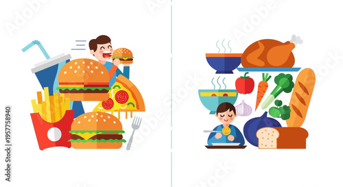 Contrasting dietary choices illustrating the difference between balanced nutrition and indulgent processed meals for a healthy lifestyle
