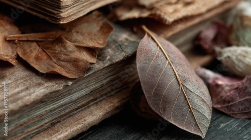 Leaves and Books Create a Close-Up Composition Showing Texture and Depth With Rich Details Captured Using a 100mm Lens at F2.8