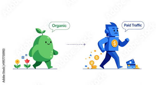 Organic Growth Versus Paid Traffic in Digital Marketing Strategy with Cartoon Characters