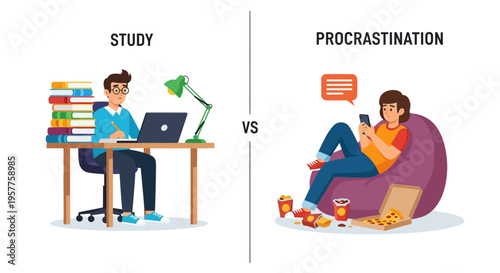 Illustrating the struggle dedicated study habits confronting the allure of easy procrastination and its distractions