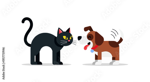 Stylized vector illustration depicting a confrontation between a grumpy black cat and an excited barking puppy on a clean white background, showcasing classic pet rivalry