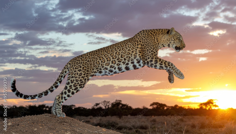 Obraz premium Leopard jumping in savannah at sunset.