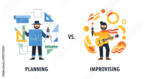 Conceptual illustration contrasting meticulous, structured planning with free-spirited, spontaneous artistic improvisation
