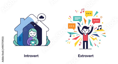 Illustrating Human Personalities A Visual Comparison of Introvert and Extrovert Characteristics and Lifestyles