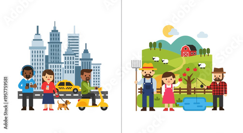 Dynamic urban panorama illustrating diverse city dwellers engaged in daily routines amidst modern skyscrapers and vibrant transportation