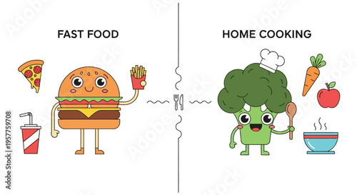 Healthy Versus Unhealthy Meal Choices A Playful Cartoon Illustration Contrasting Fast Food Delights with Nutritious Home Cooking Preparation