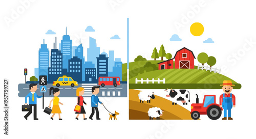 Visualizing the Divide Contrasting Urban Metropolitan Lifestyles with Peaceful Rural Agricultural Farm Environments and People