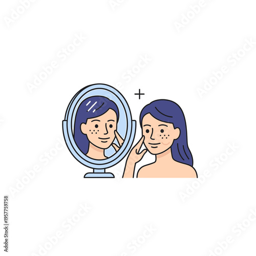 Young Woman Applying Skincare Routine Using Mirror. Vector Illustrations. EPS Editable
