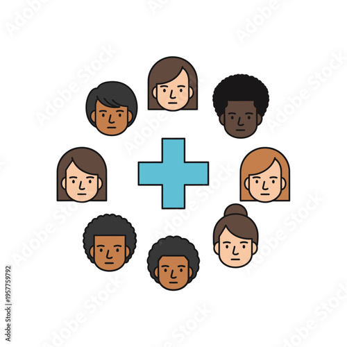 Diverse Group of People with Plus Sign Symbolizing Inclusion and Community. Vector Illustrations. EPS Editable
