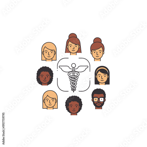 Diverse Group of People with Medical and Healthcare Symbols. Vector Illustrations. EPS Editable